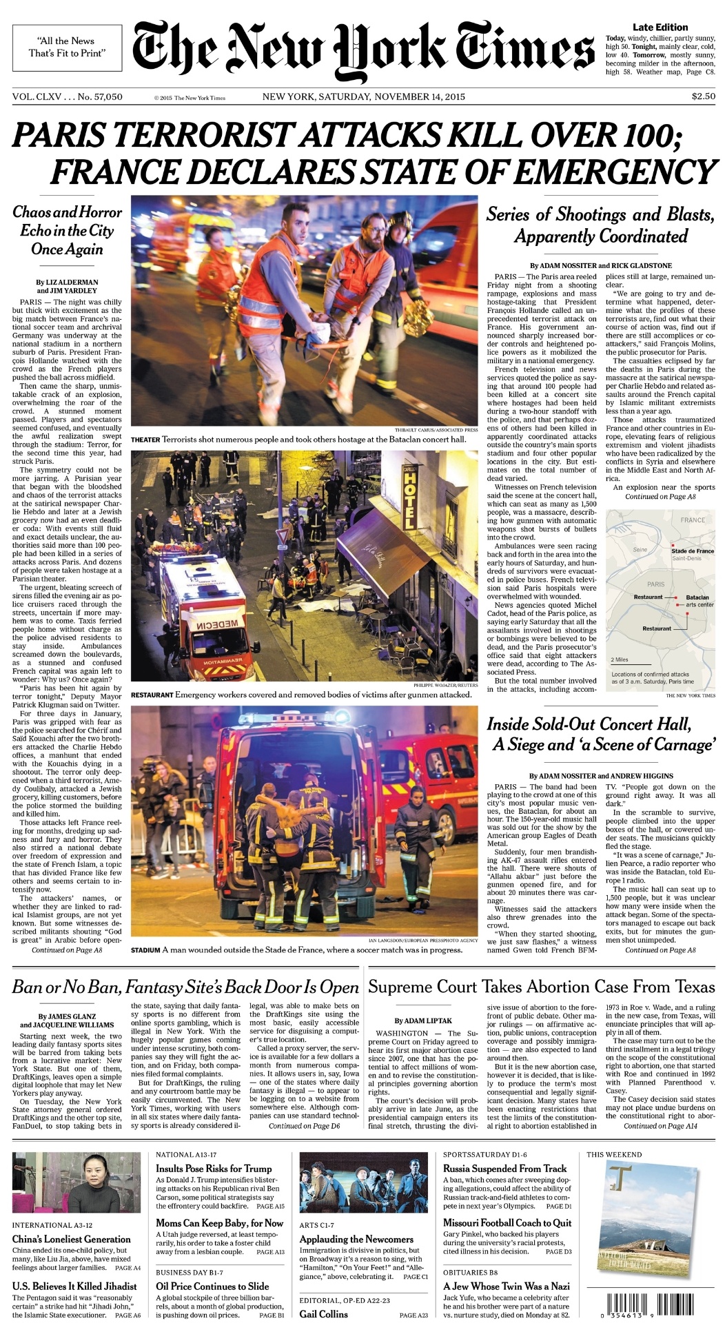 14.nov.2015 - O jornal norte-americano destaca, na edição impressa deste sábado, imagens da tragédia e a declaração de estado de Emergência em todo país - Reprodução