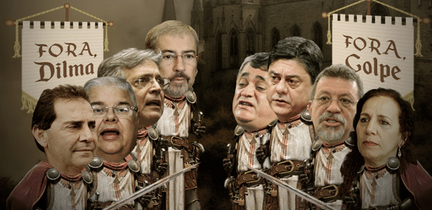 Cena de batalha: À esquerda, os escudeiros pró-impeachment: os deputados federais Paulinho da Força (SD-SP), Lúcio Vieira Lima (PMDB-BA), Pauderney Avelino (DEM-AM) e Antonio Imbassahy (PSDB-BA). À direita, os escudeiros de Dilma Rousseff, contra o impeachment: os deputados federais José Guimarães (PT-CE), Wadih Damous (PT-RJ), Afonso Florence (PT-BA) e Jandira Feghali (PC do B-RJ) - Arte/UOL