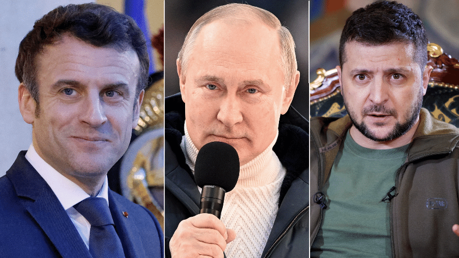 Os presidentes da França, Rússia e Ucrânia, Emmanuel Macron, Vladimir Putin e Volodymyr Zelensky, respectivamente - Ludovic Marin e Ramil Sitdikov/Reuters e Presidência da Rússia
