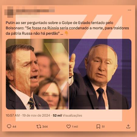 27.nov.2024 - É satírico post segundo o qual Putin teria dito que, na Rússia, Bolsonaro seria condenado à morte