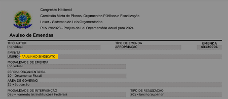 Documento do Congresso traz referência a Paulinho do Sindicato em emenda Documento do Congresso traz referência a Paulinho do Sindicato em emenda