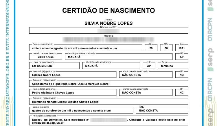 Certidão de nascimento de Silvia Waiãpi, com data de 1971 Certidão de nascimento de Silvia Waiãpi, com data de 1971
