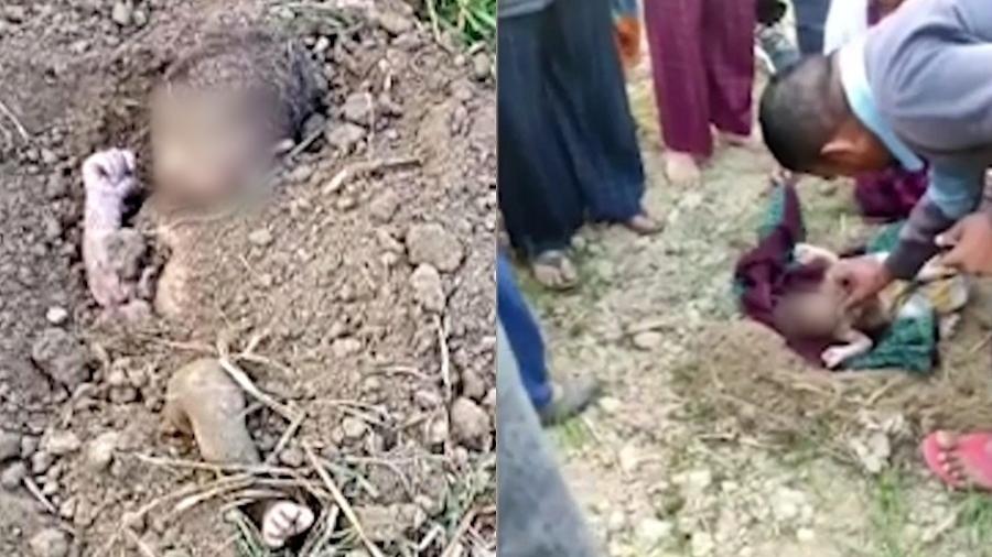O recém-nascido foi resgatado após enterrado vivo em uma fazenda na cidade de Khatima, na Índia, na última quarta-feira - Reprodução