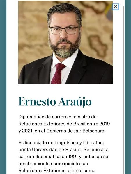 Ernesto Araújo é apresentado como o assessor internacional da Fundação Disenso, criada pelas lideranças do Vox