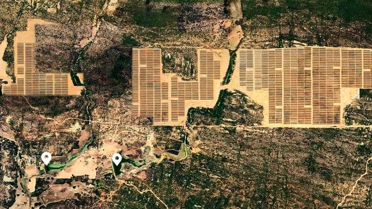 Imagem de satélite mostra parque e os dois açudes (marcados em símbolo de localização branco) Imagem de satélite mostra parque e os dois açudes (marcados em símbolo de localização branco)