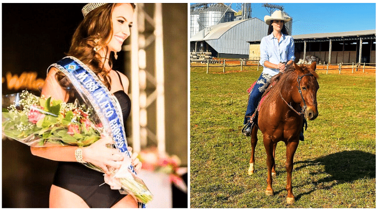 Taiany em dois momentos: como Miss Mato Grosso 2016 e em atividade no campo