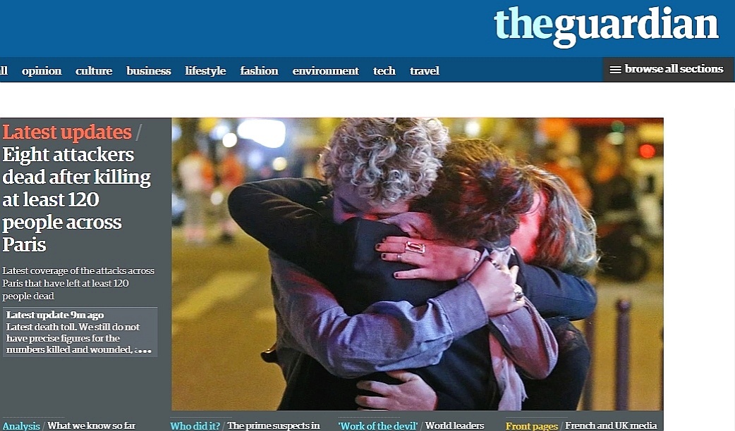 14.nov.2015 - Em sua versão online, o britânico The Guardian trazia a informação de que o número de mortos e feridos ainda não era preciso nesta manhã - Reprodução