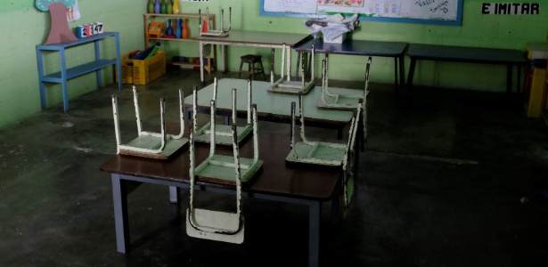 Cadeiras empilhadas em sala vazia no primeiro dia de aula na Venezuela - Marco Bello/Reuters