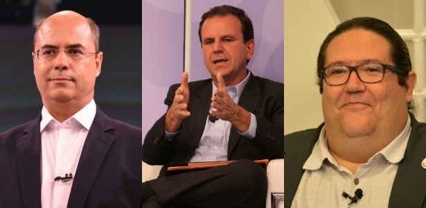 Os candidatos Wilson Witzel (PSC), Eduardo Paes (MDB) e Tarcísio Motta (PSOL)