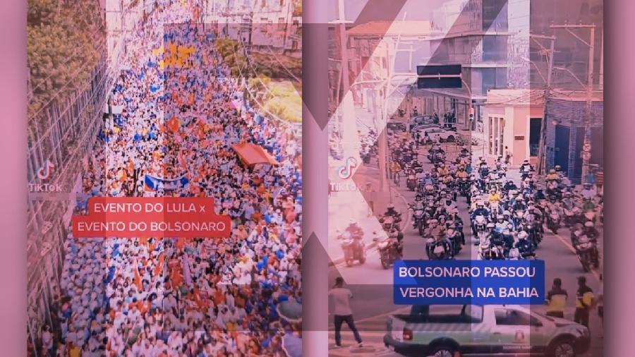 São enganosos os vídeos publicados por um perfil no TikTok que comparam imagens dos atos do ex-presidente Lula (PT) e do presidente Jair Bolsonaro (PL) no último dia 2 de julho, em Salvador (BA) - Projeto Comprova