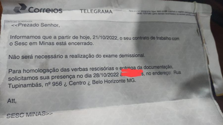 Telegrama recebido por funcionário demitido do Sesc-MG - Lucio Medeiros