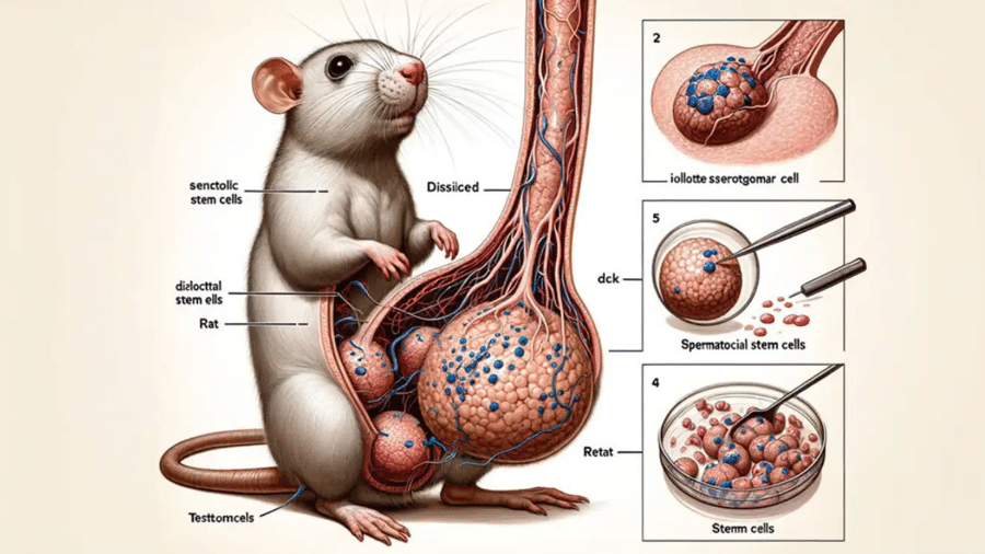 Imagem gerada por inteligência artificial exibe rato com saco escrotal desproporcional; artigo foi publicado no periódico "Frontiers in Cell and Developmental Biology"