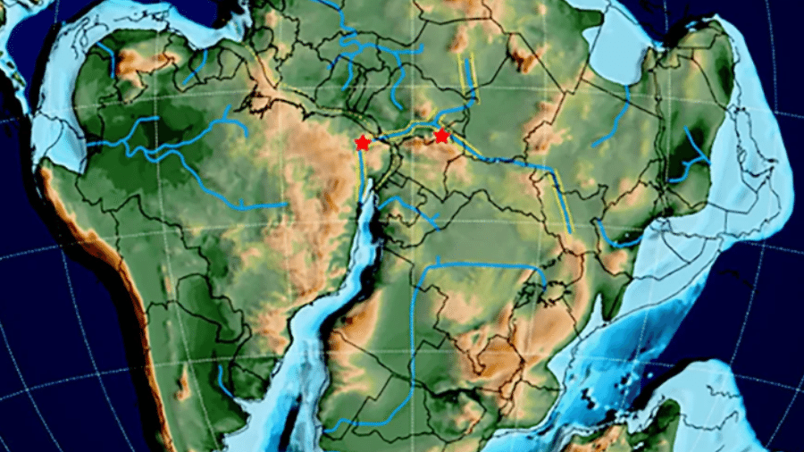 América do Sul e África antes da separação dos dois continentes - pegadas de dinossauro encontradas no Brasil e em Camarões