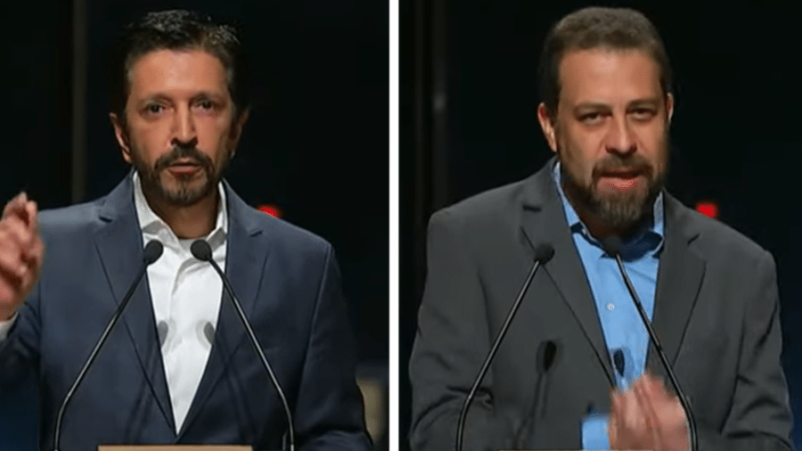 Ricardo Nunes (MDB) e Guilherme Boulos (PSOL) em debate na TV Cultura