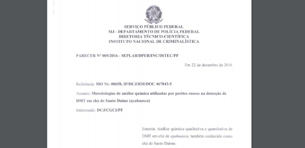 11.jul.2017 - Parecer técnico do Instituto Nacional de Criminalística do Brasil questionando a metodologia da perícia russa no julgamento do brasileiro Eduardo Chianca Rocha, condenado por tráfico de drogas ao ser preso com chá de ayahuasca no aeroporto de Domededovo, na Rússia - Reprodução - Reprodução