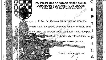 Em 2001, Adriano Magalhães da Nóbrega concluiu curso de sniper em São Paulo - Reprodução