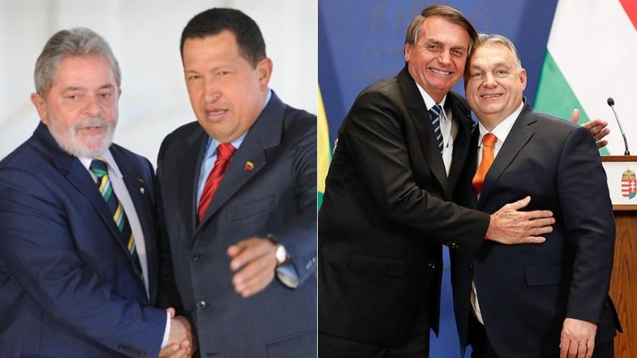 Lula com o venezuelano Hugo Chávez, em 2010, e Bolsonaro com o húngaro Viktor Orbán, em 2022 - EBC e Presidência da República