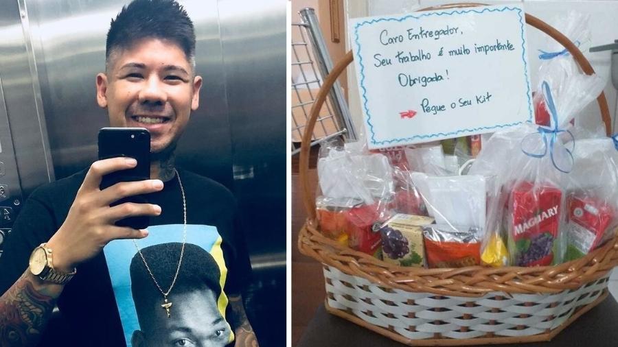 O motoboy Felipe Martins, de 31 anos, foi surpreendido com a cesta para os entregadores, com comida e até máscaras - Arquivo Pessoal