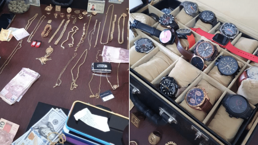 Com o suspeito foram recolhidos itens de luxo como joias, relógios e valores em dinheiro, sendo uma parte em moeda estrangeira - Divulgação Secretaria de Segurança Pública