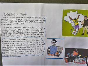 No canto à direita, a charge do cartunista Carlos Latuff no mural da escola que enfureceu PMs e deputado bolsonarista porque mostrava uma suástica no ombro direito de um PM - ela foi coberta depois por decisão de alunos e professores. - Álbum pessoal - Álbum pessoal