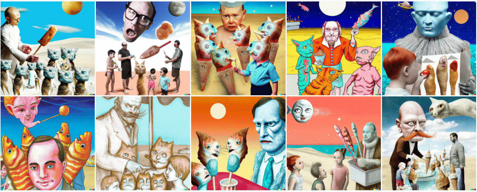 Mais versões de 'homem com cabeça de gato vendendo picolé para crianças com cabeça de peixe numa praia em Marte' - Reprodução/DALL-E 2