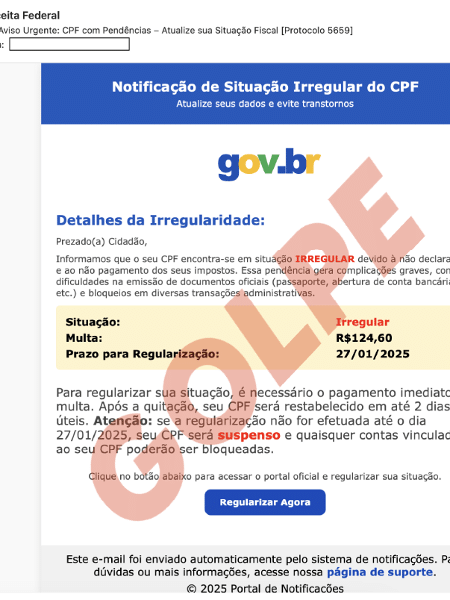 Print de um email falso usado no golpe