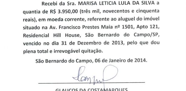 Um dos recibos entregues pela defesa de Lula à Justiça - Reprodução