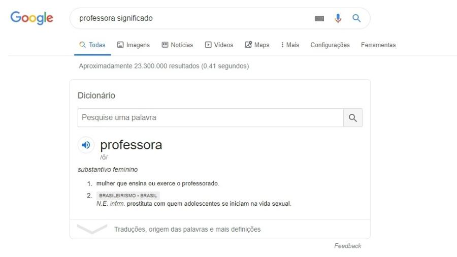 Significado de professora no Google trazia uma gíria que alude à prostituição - Reprodução