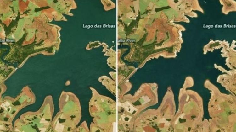 Comparação mostra o impacto da seca no Lago das Brisas (MG): a imagem à esquerda foi registrada em 12 de junho de 2019 e a imagem à direita, em 17 de junho deste ano - NASA - NASA