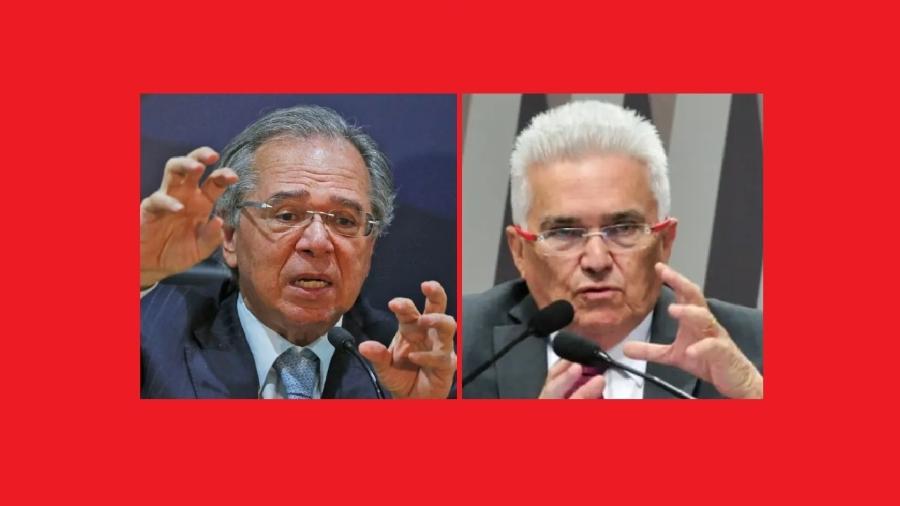 Paulo Guedes, exímio furador de teto, acha que pode mandar um presidente eleito calar a boca. E Raul Velloso, que realmente entende de contas públicas - Fátima Meira/Futura Press/Estadão Conteúdo; Geraldo Magela/Agência Senado   Leia mais em: https://veja.abril.com.br/politica/raul-velloso-teto-de-gastos-acabou-e-mercado-age-com-burrice-ante-lula/