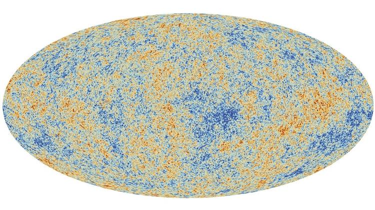 Mapa das flutuações de temperatura da radiação cósmica de fundo emitida 380 mil anos após o Big Bang