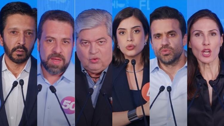 Candidatos à Prefeitura de São Paulo em debate do Flow, da esquerda para a direita: Ricardo Nunes, Guilherme Boulos, José Luiz Datena, Tabata Amaral, Pablo Marçal e Marina Helena