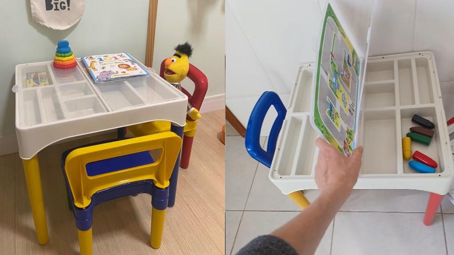 Mesa didática infantil da Poliplac tem espaço para guardar objetos