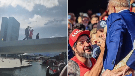 À esquerda, o "TromPetista" subindo a rampa do Planalto (no meio, com o trompete). À direita, cumprimentando Lula - Reprodução/Instagram/@trom_petista13