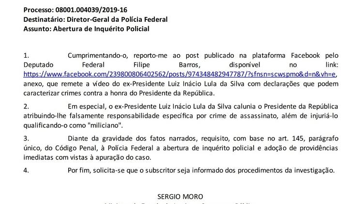 Sergio Moro pede que PF investigue Lula, mas não cita Lei de Segurança Nacional. Isso não quer dizer que Moro ignorasse o que fazia a PF - reprodução