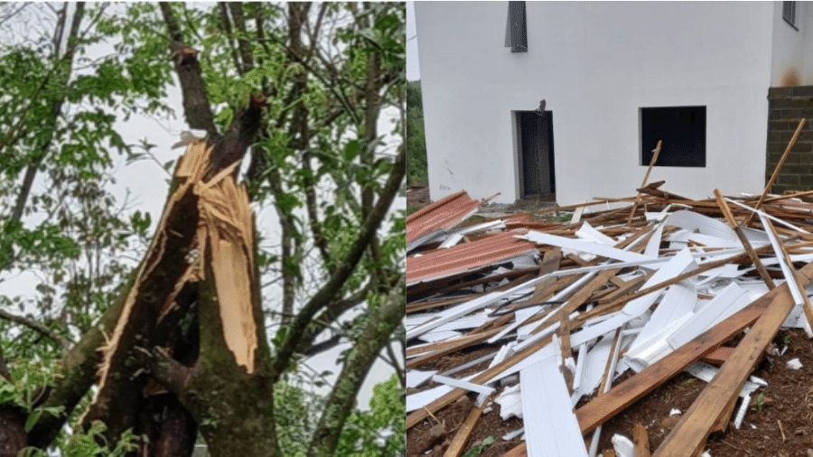 Árvores foram quebradas e casas destelhadas com passagem de ventos fortes, que ultrapassaram os 90 km/h, segundo o Ciram - Divulgação/Defesa Civil/Piter Scheuer