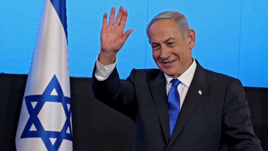 O ex-primeiro-ministro de Israel, Benjamin Netanyahu, durante discurso a apoiadores - Menahem Kahana/AFP