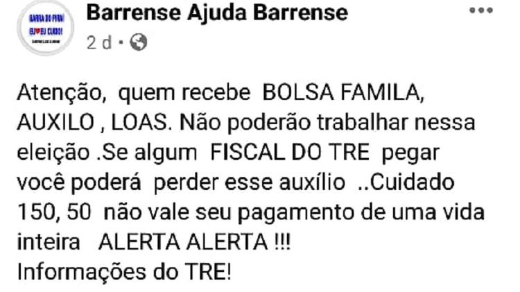 Informação falsa diz que beneficiários de auxílios não podem trabalhar na eleição - Reprodução/Facebook - Reprodução/Facebook