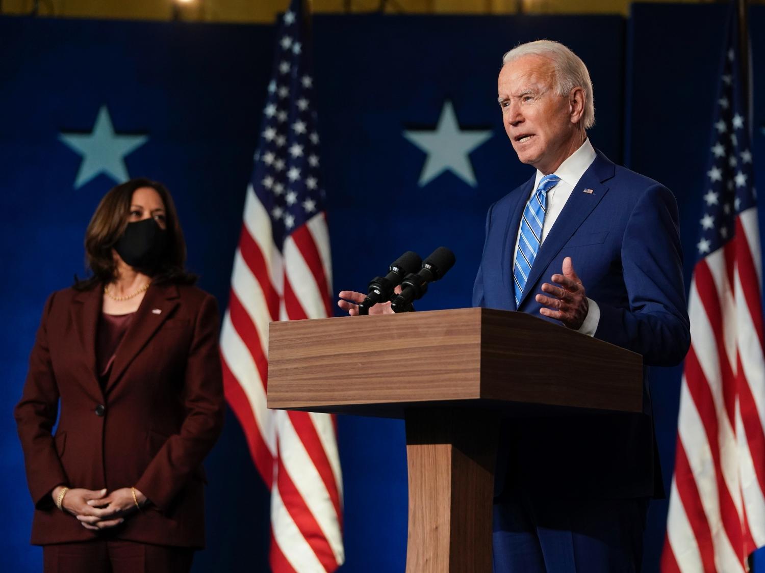 Joe Biden faz o seu pronunciamento junto com a candidata à vice-presidência, a senadora Kamala Harris - Drew Angerer/ Getty Images/ AFP