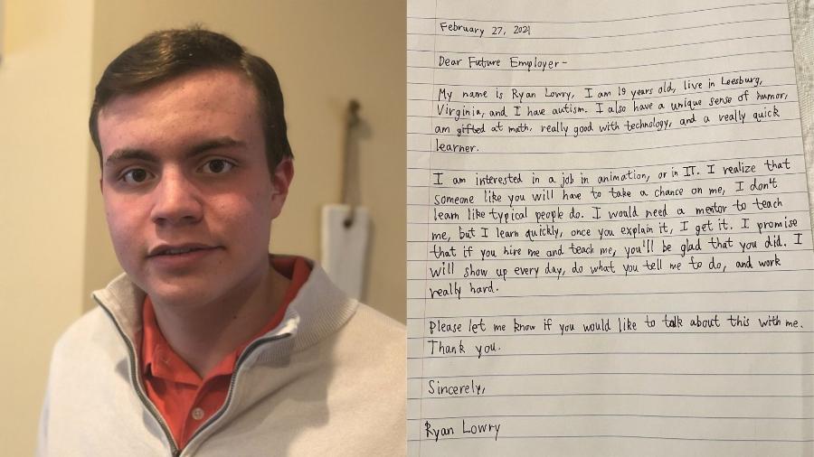 Ryan Lowry, de 20 anos, conseguiu um emprego após viralizar com carta no LinkedIn, na qual ele explica que tem autismo - Reprodução/Linkedin/Ryan Lowry