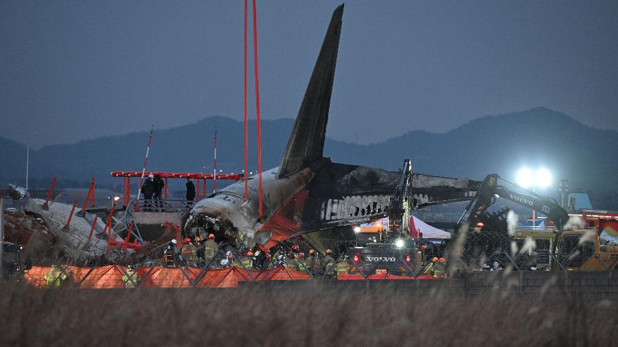 Colisão com pássaros possivelmente causou a queda do Boeing da companhia aérea Jeju Air, na Coreia do Sul, neste domingo (29)