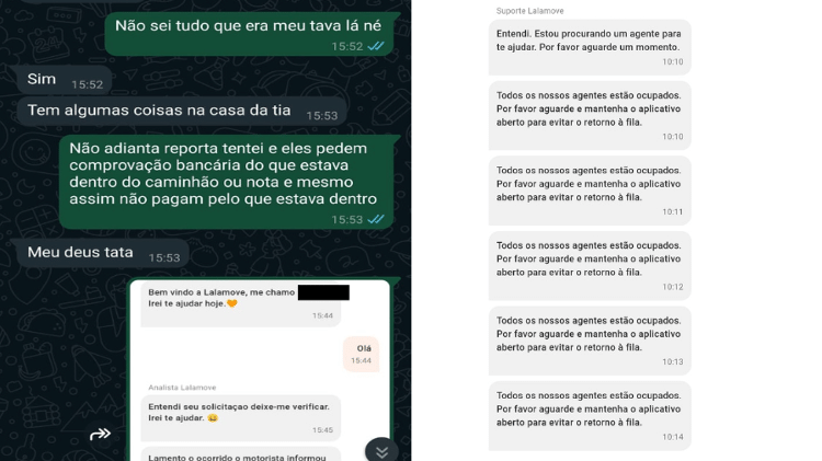 Cliente contou que tentou fazer contato com a Lalamove, mas sem sucesso. Cliente contou que tentou fazer contato com a Lalamove, mas sem sucesso.
