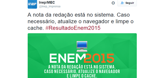 Pelo Twitter, Inep aconselha candidatos a limparem o "cache" para acessar notas da redação - Reprodução