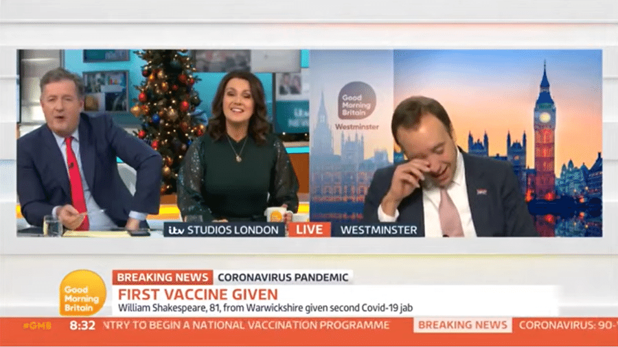 O ministro da Saúde do Reino Unido, Matt Hancock, chorou ao vivo na TV com o início da campanha de vacinação contra covid-19 - Reprodução