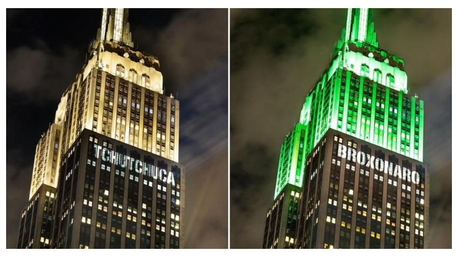 Mensagens com críticas a Jair Bolsonaro foram expostas no Empire State Building, em Nova York (EUA) - Reprodução