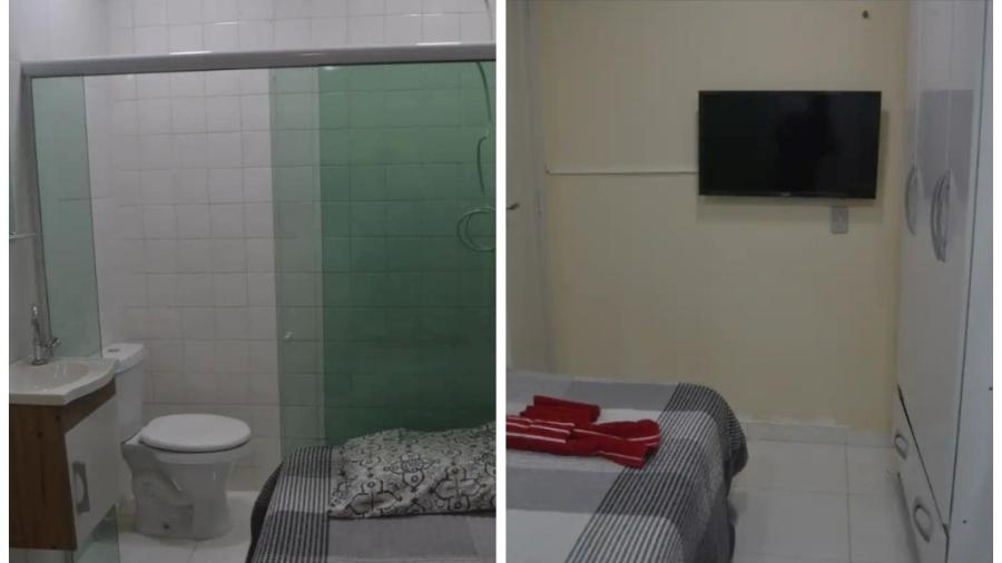 Quarto tem, além da cama e box com chuveiro e privada, armário e ventilador de teto - Reprodução