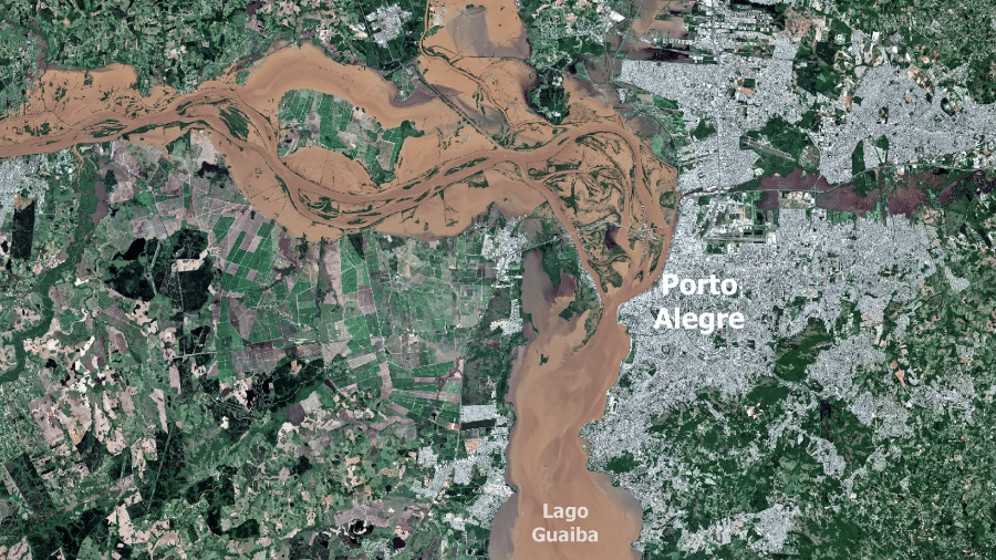Imagem de satélite obtida pelo MetSul mostra enchente em Porto Alegre (RS)