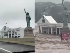 Só a estátua acima d'água: o antes e depois de loja da Havan inundada no RS