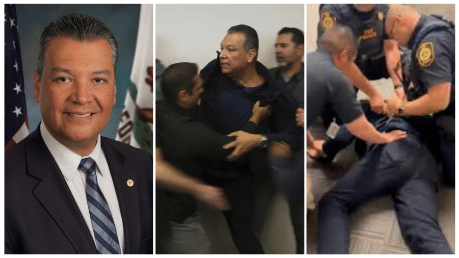 Senador Alex Padilla é contido e algemado por agentes federais durante coletiva do governo Trump Senador Alex Padilla é contido e algemado por agentes federais durante coletiva do governo Trump