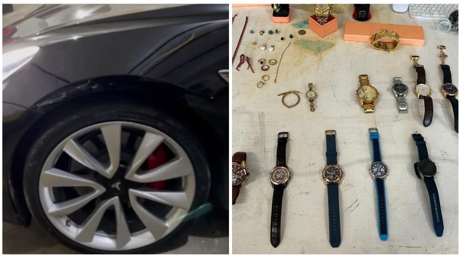 A polícia apreendeu joias, celulares e relógios, além de um veículo Tesla durante a operação em SP A polícia apreendeu joias, celulares e relógios, além de um veículo Tesla durante a operação em SP
